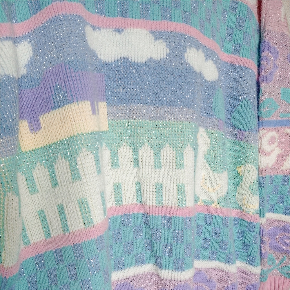 RARE Vintage 80s Fairy Kei Rose Pink Duck Goose Farm Metallic Landscape Sweater - Picture 2 of 4